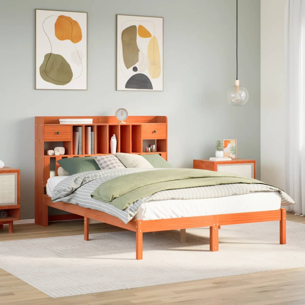 Bookcase Bed Wax Brown 150x200cm King Solid Wood Pine