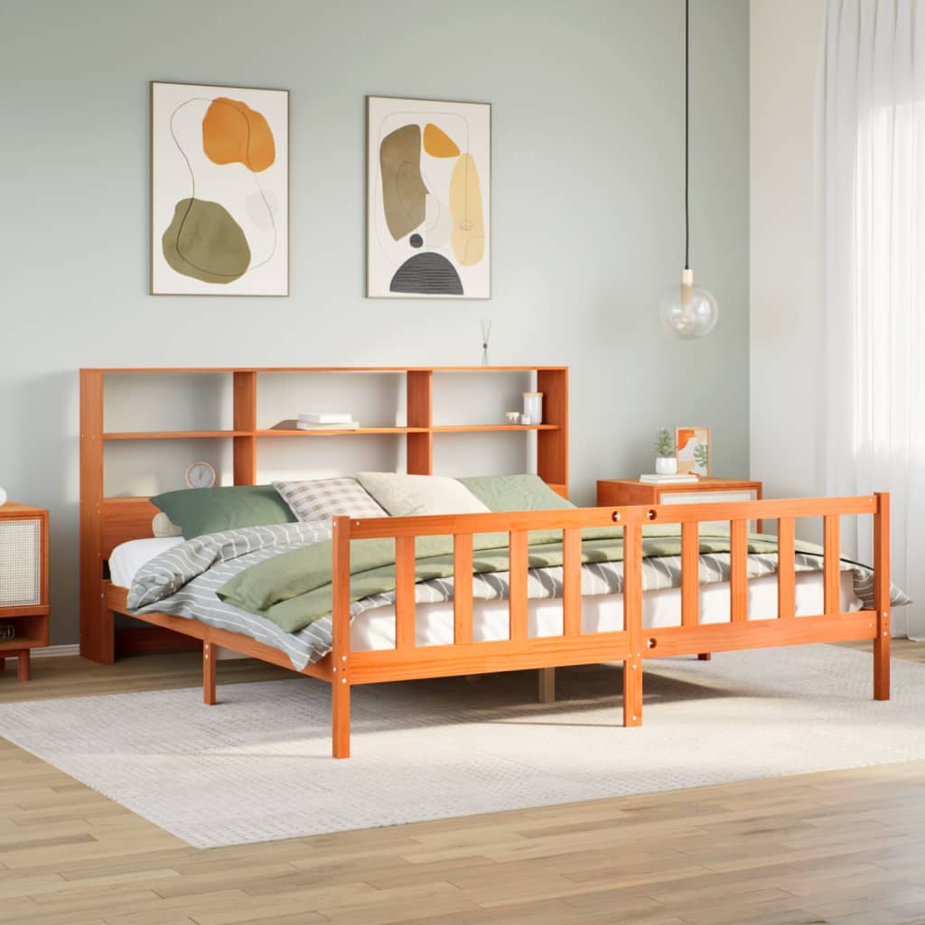 Bookcase Bed Wax Brown 200x200cm Solid Wood Pine
