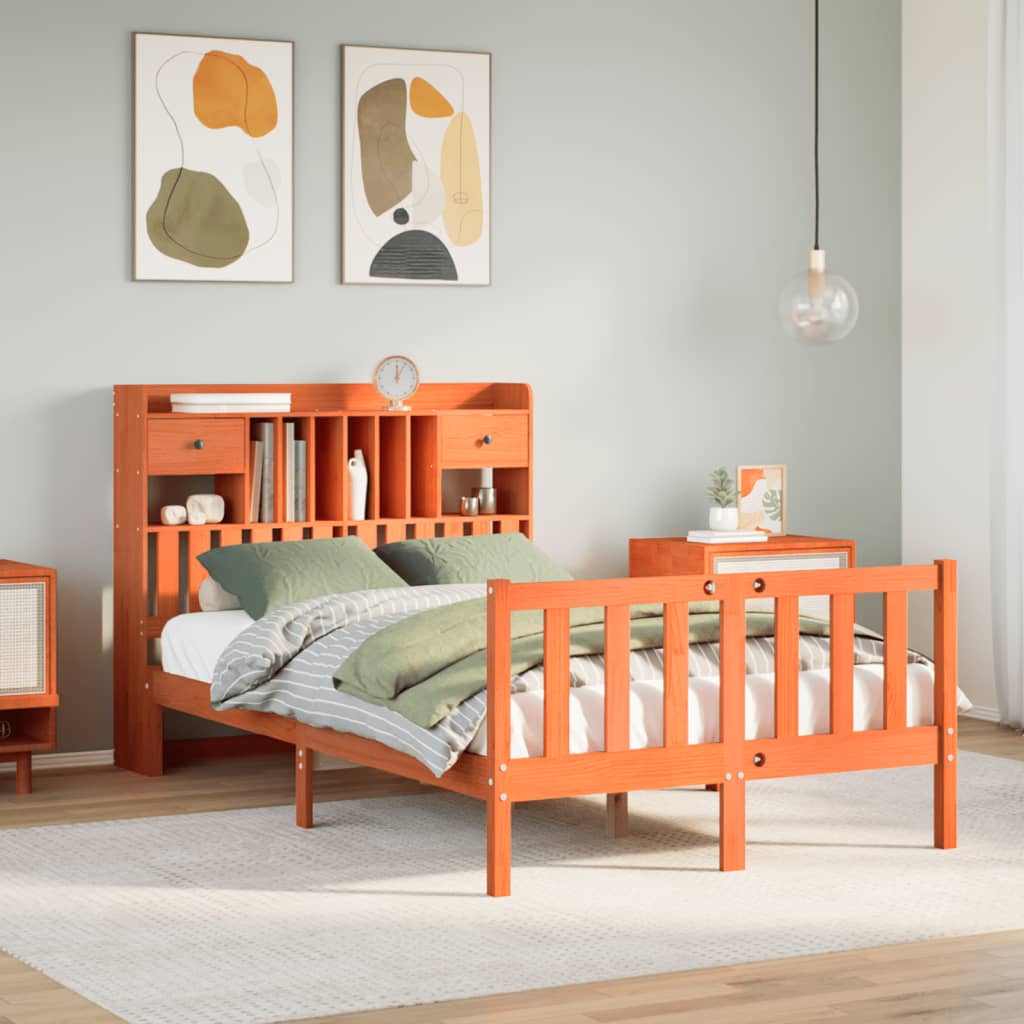 Bookcase Bed Wax Brown 135x190cm Double Solid Wood Pine