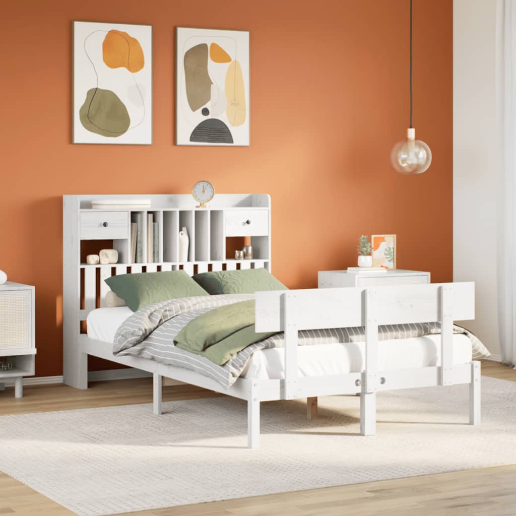 Bookcase Bed White 135x190cm Double Solid Wood Pine