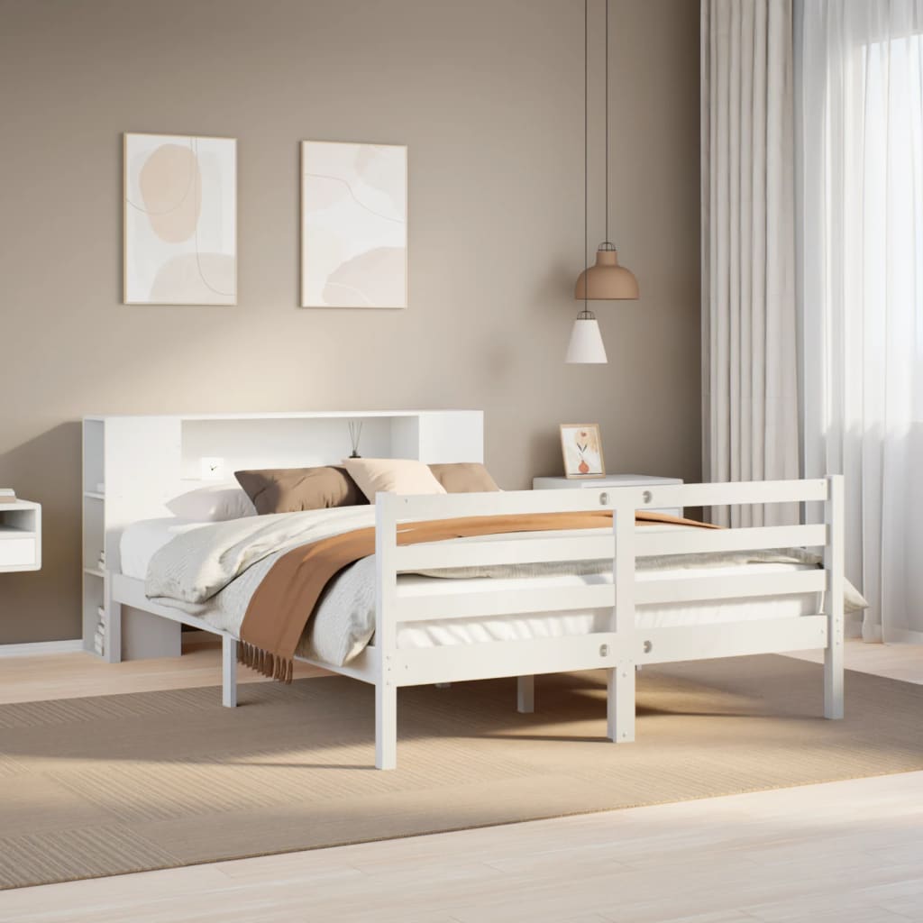 Bookcase Bed White 150x200cm King Size Solid Wood Pine