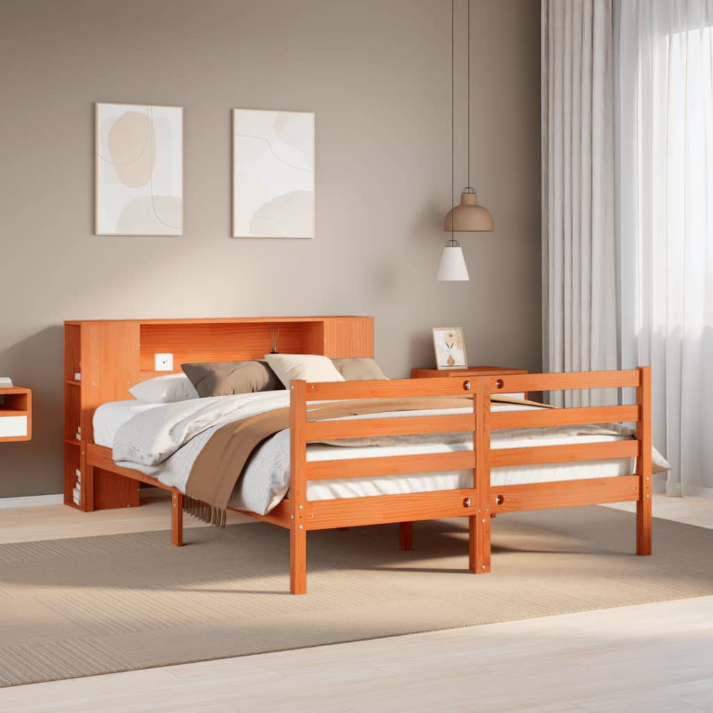 Bookcase Bed Wax Brown 135x190cm Double Solid Wood Pine
