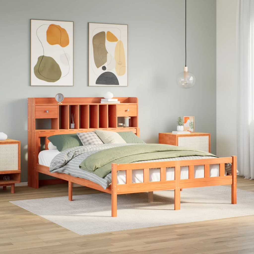 Bookcase Bed Wax Brown 150x200cm King Size Solid Wood Pine