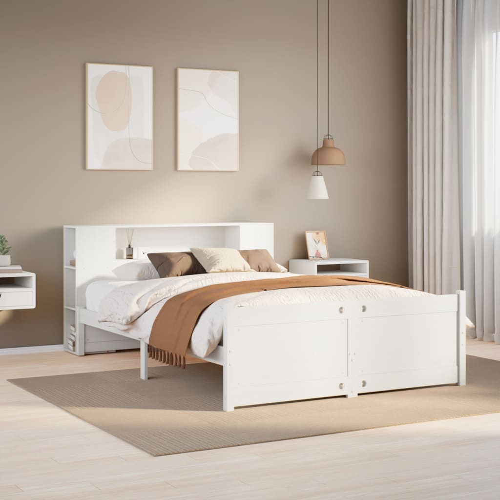 Bookcase Bed White 150x200cm King Size Solid Wood Pine