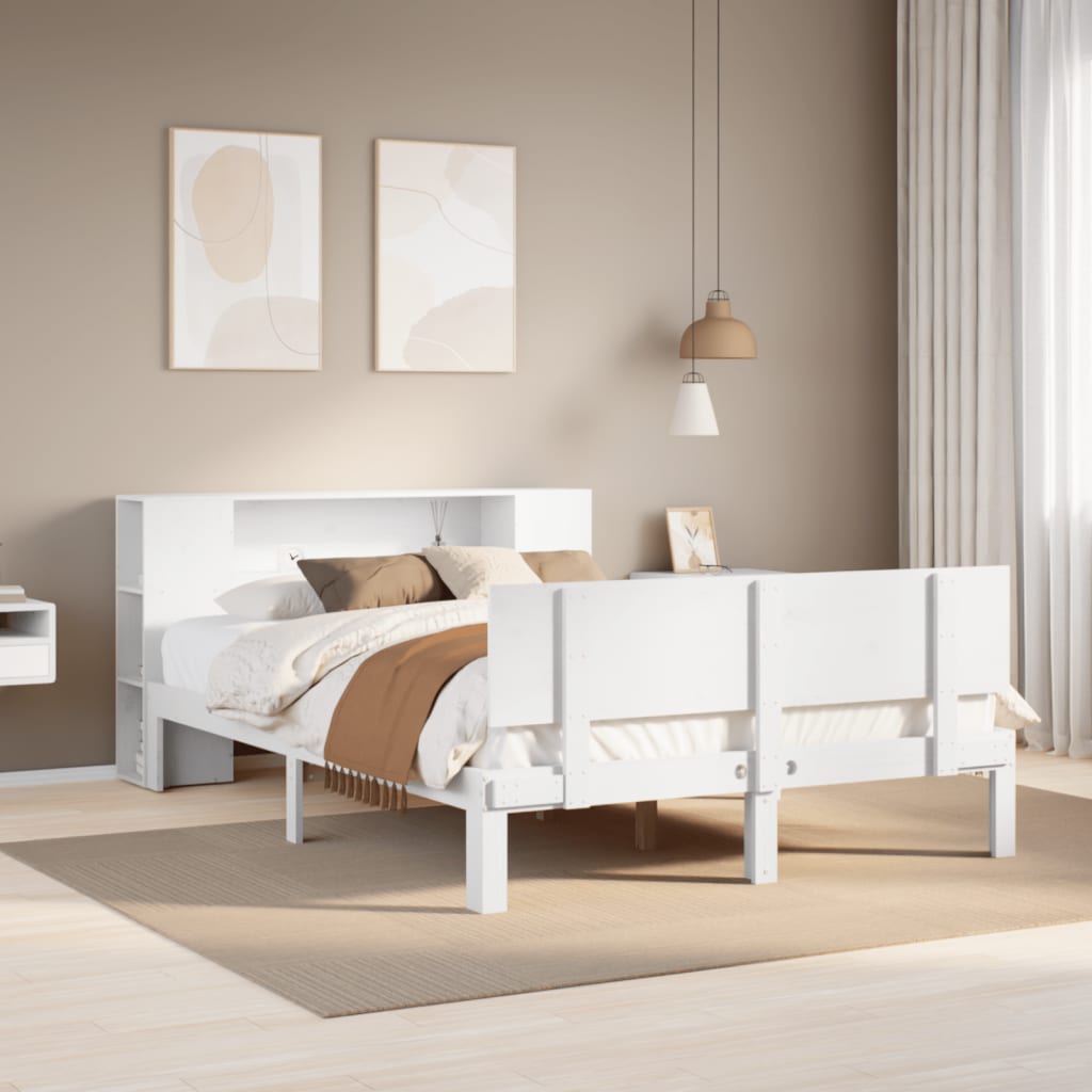 Bookcase Bed White 150x200cm King Size Solid Wood Pine