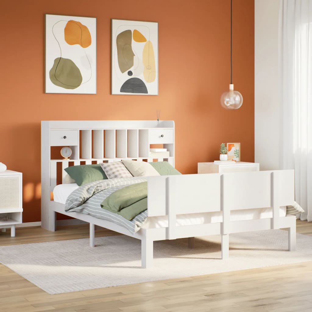 Bookcase Bed White 150x200cm King Size Solid Wood Pine