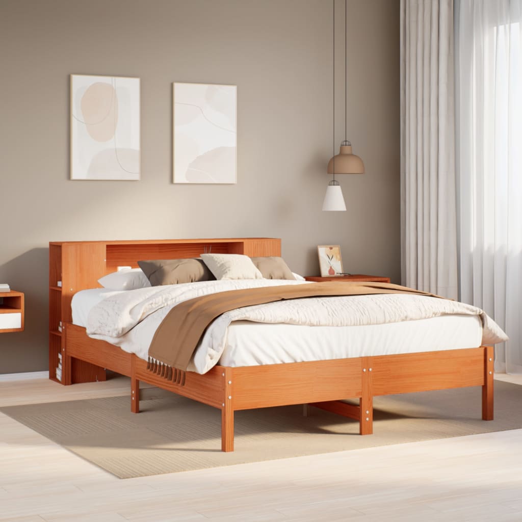 Bookcase Bed Wax Brown 150x200cm King Solid Wood Pine