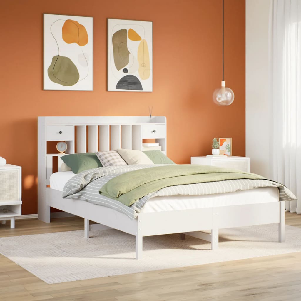 Bookcase Bed White 135x190cm Double Solid Wood Pine