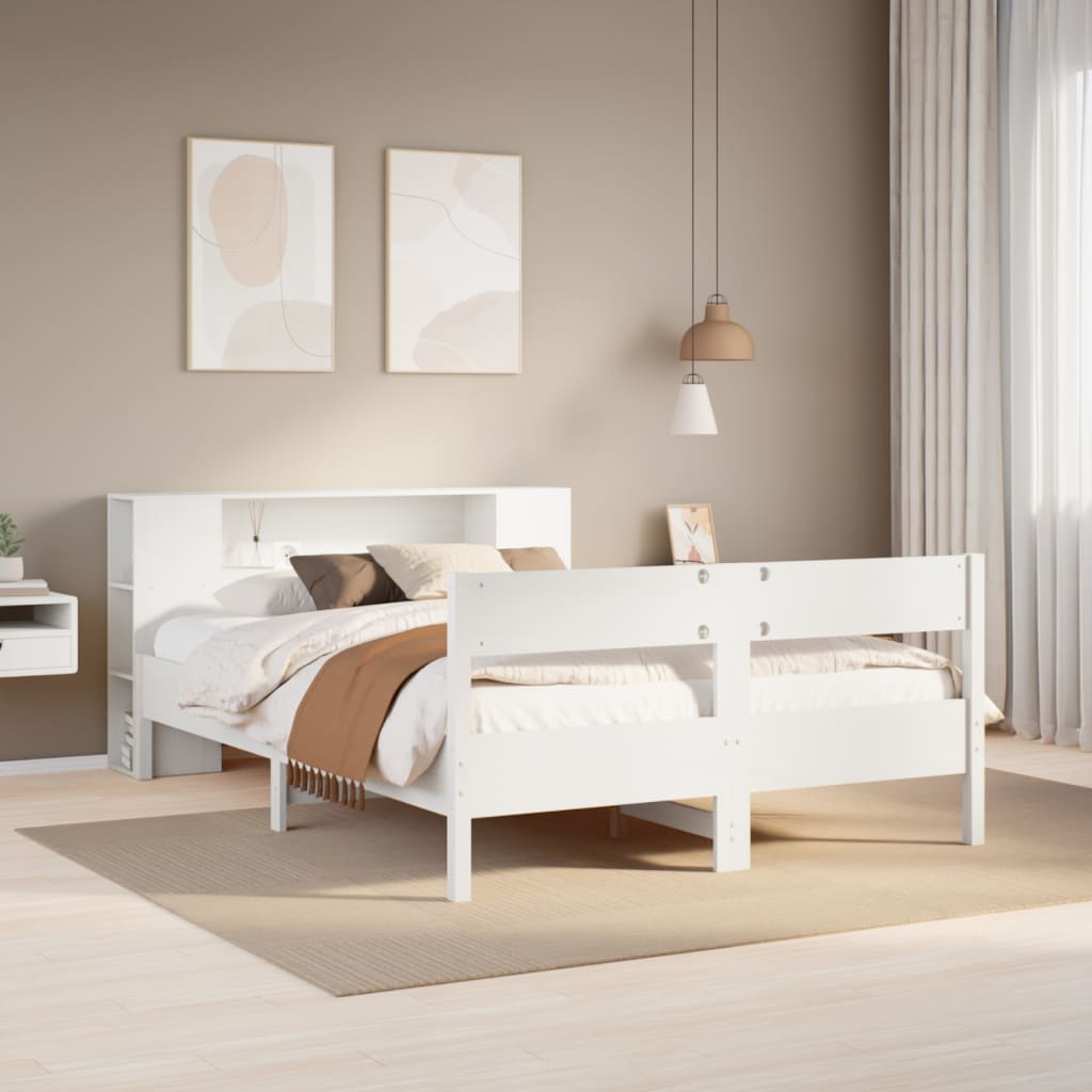 Bookcase Bed White 150x200cm King Size Solid Wood Pine