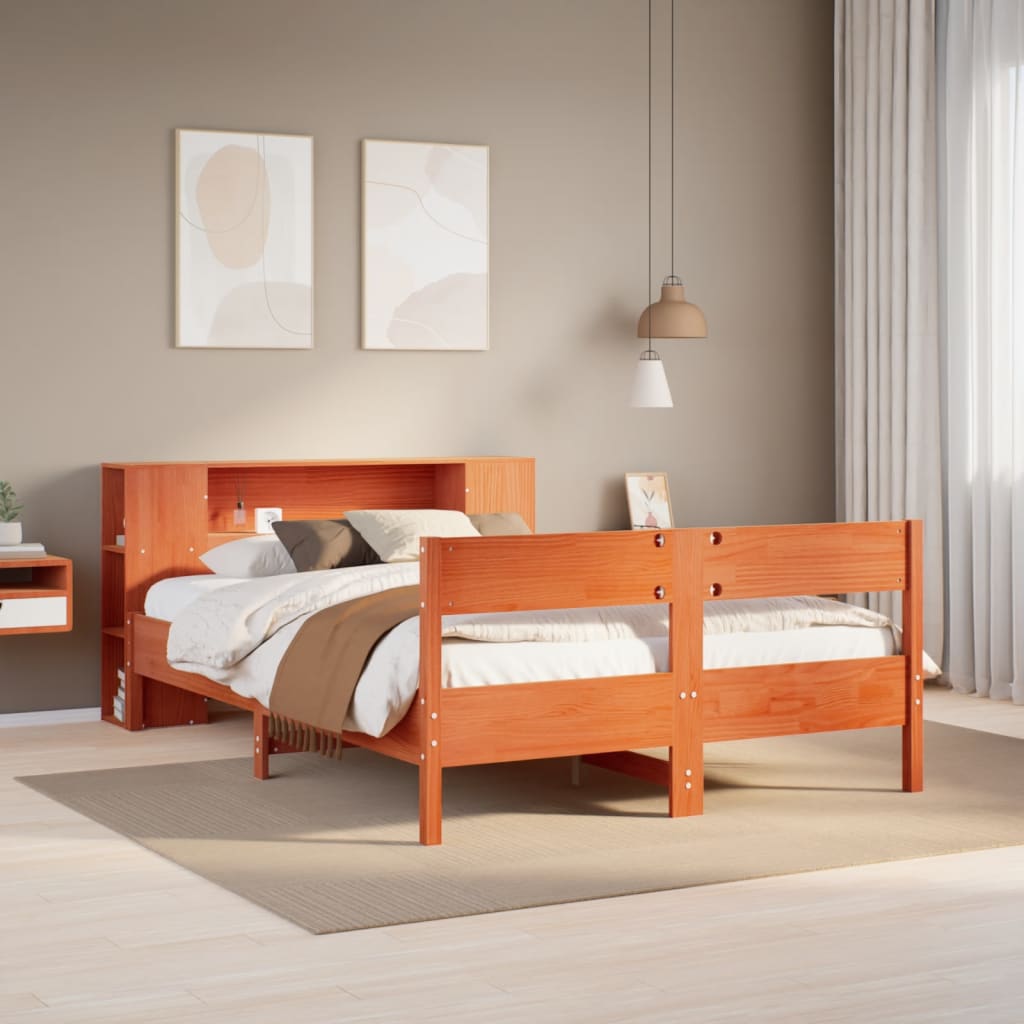 Bookcase Bed Wax Brown 135x190cm Double Solid Wood Pine