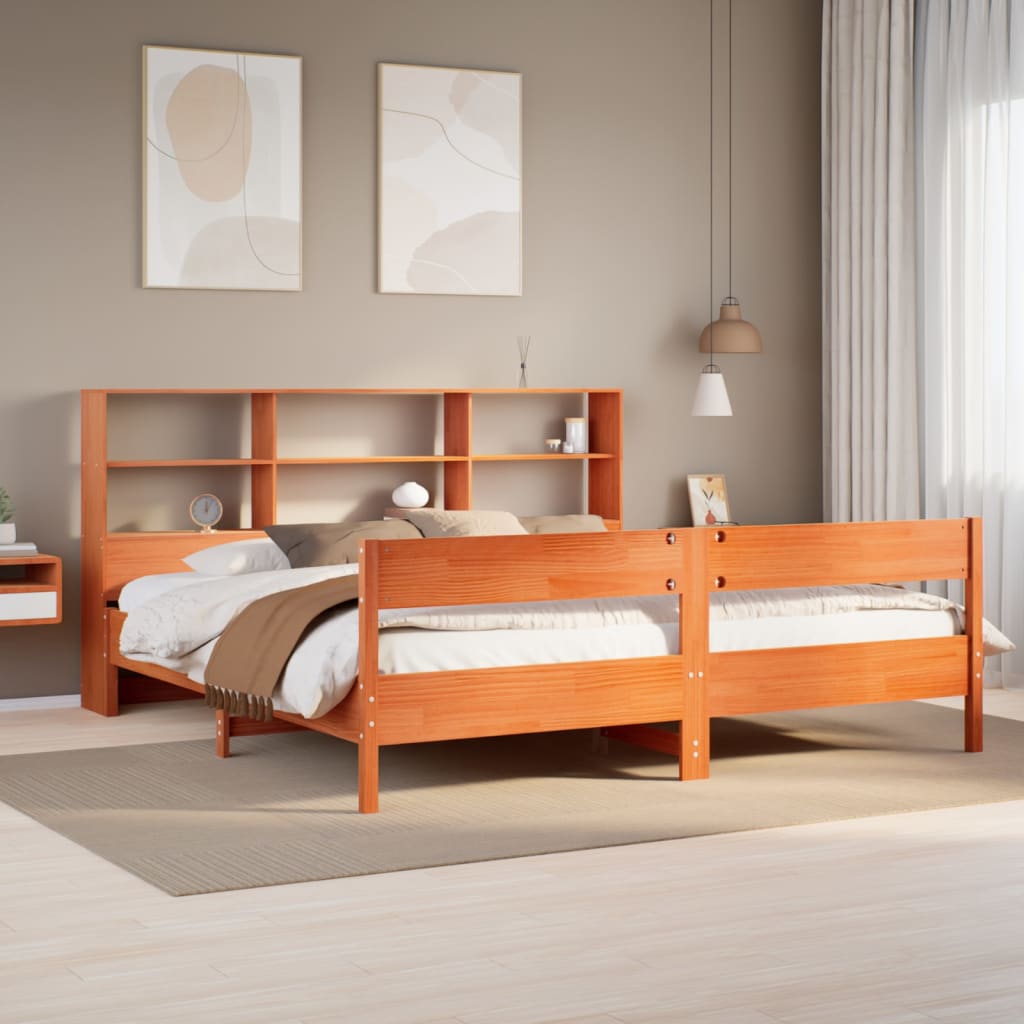 Bookcase Bed Wax Brown 180x200cm Super King Solid Wood Pine
