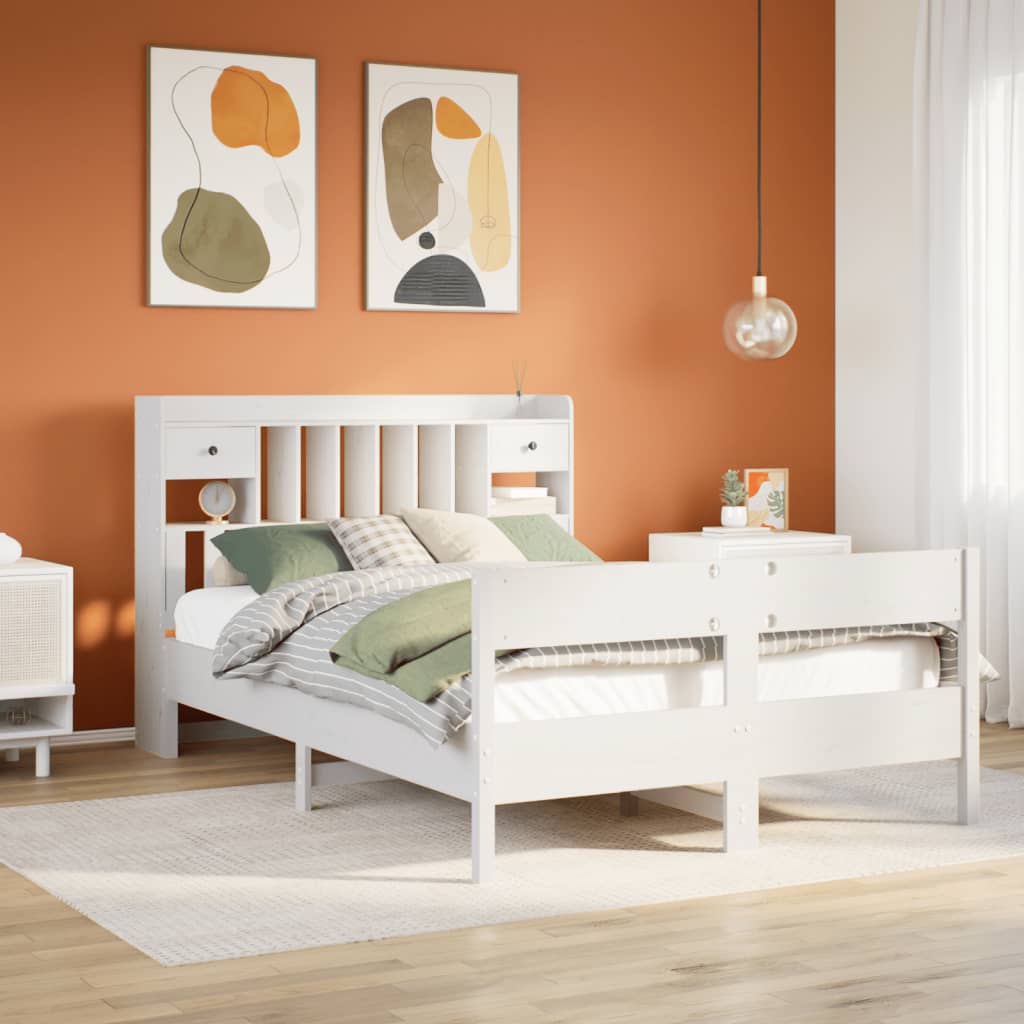 Bookcase Bed White 150x200cm King Size Solid Wood Pine