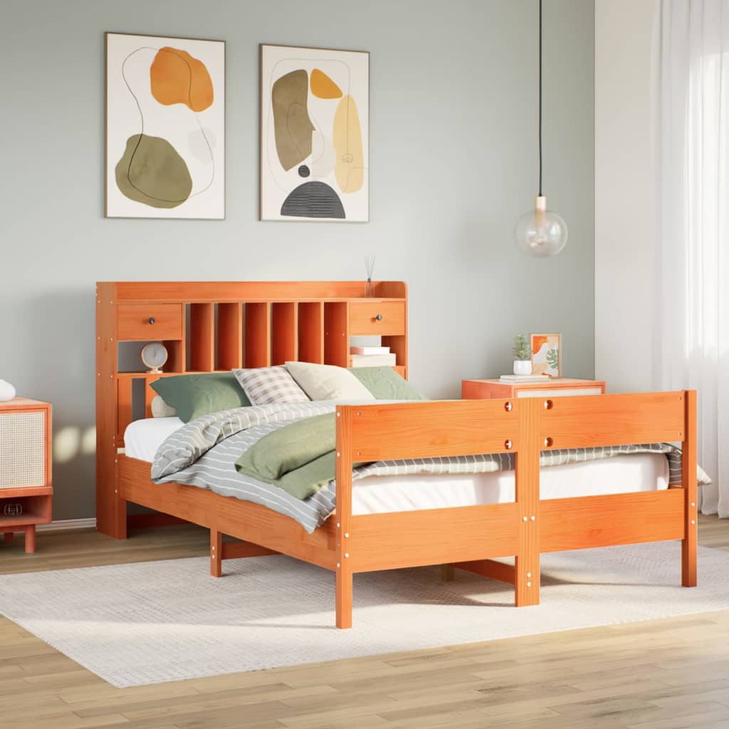 Bookcase Bed Wax Brown 135x190cm Double Solid Wood Pine