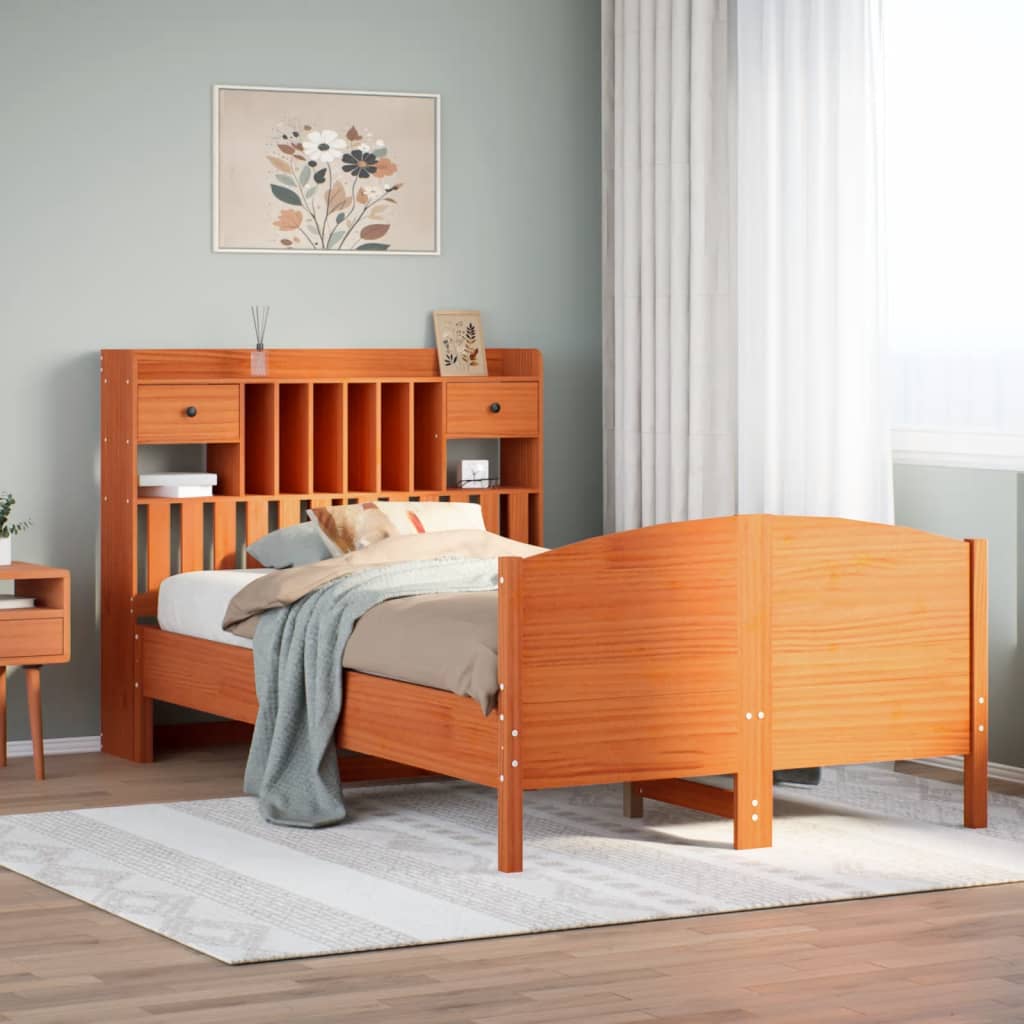 Bookcase Bed Wax Brown 135x190cm Double Solid Wood Pine
