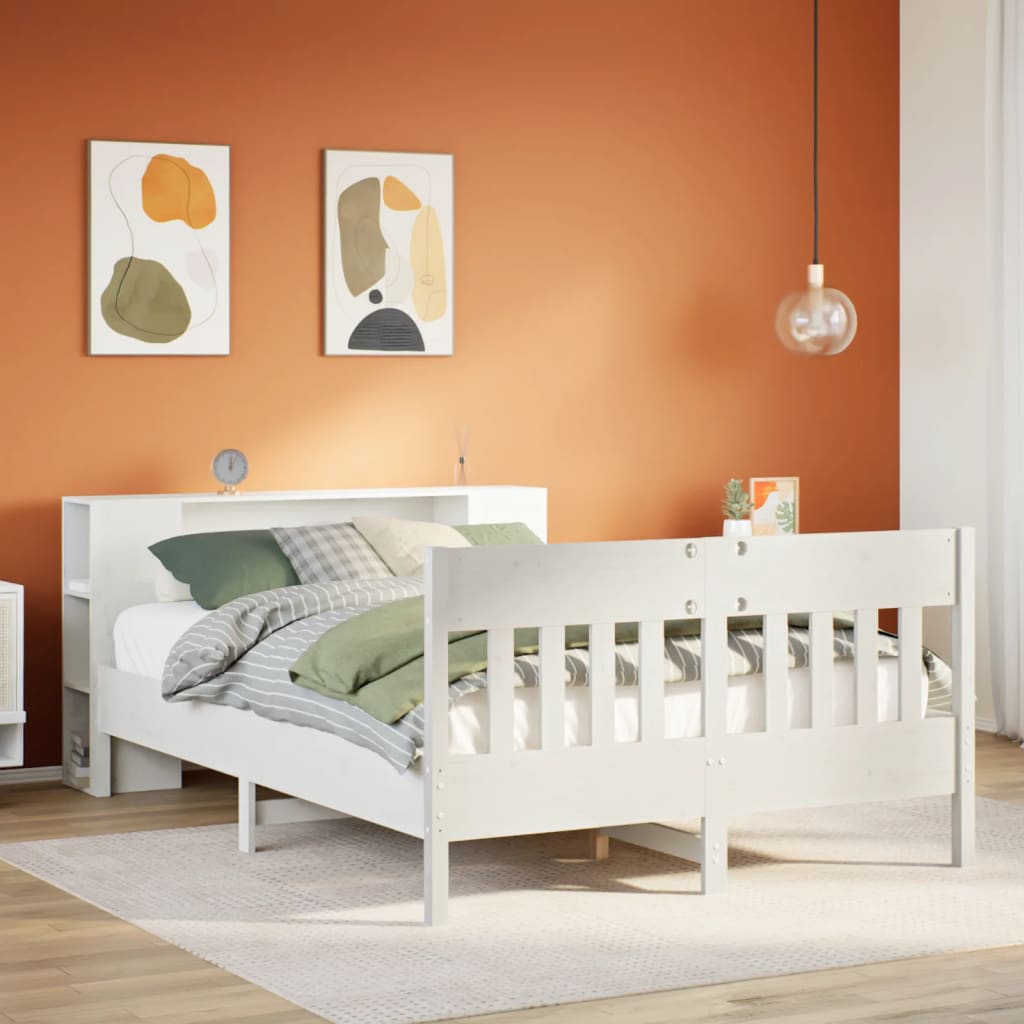 Bookcase Bed White 150x200cm King Size Solid Wood Pine