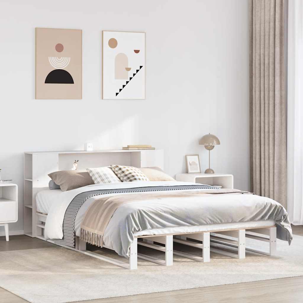 Bookcase Bed White 150x200cm King Size Solid Wood