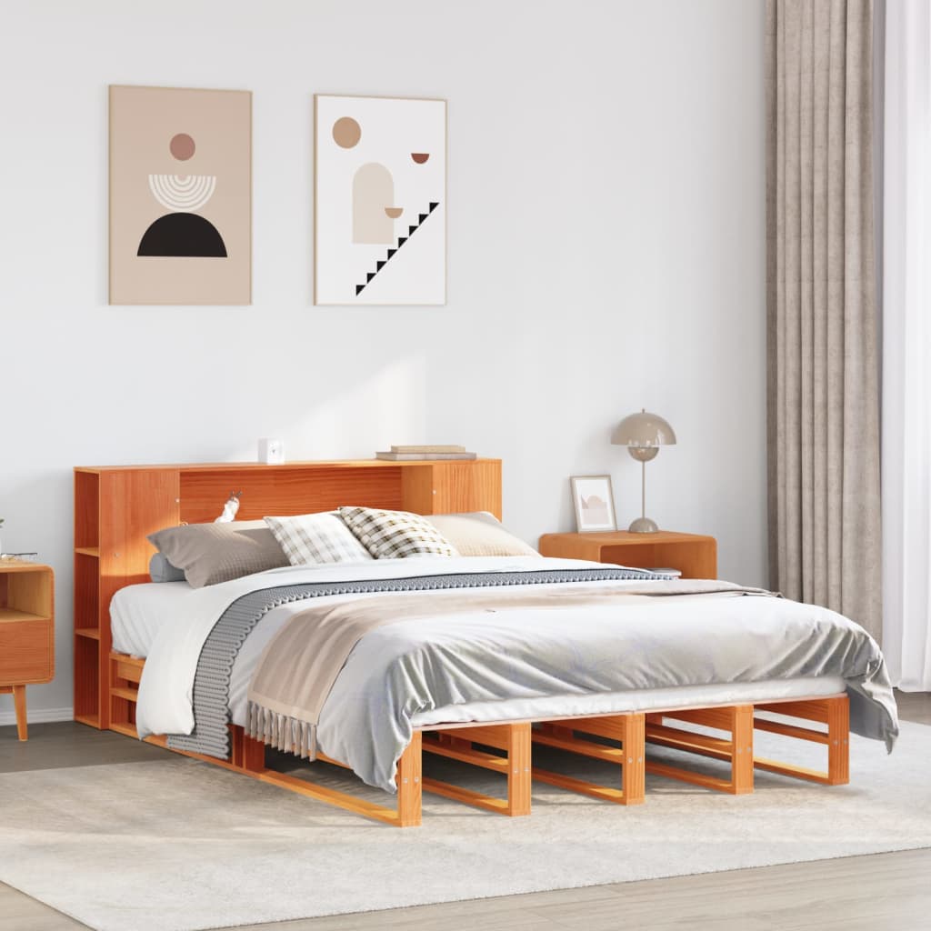 Bookcase Bed Wax Brown 135x190cm Double Solid Wood
