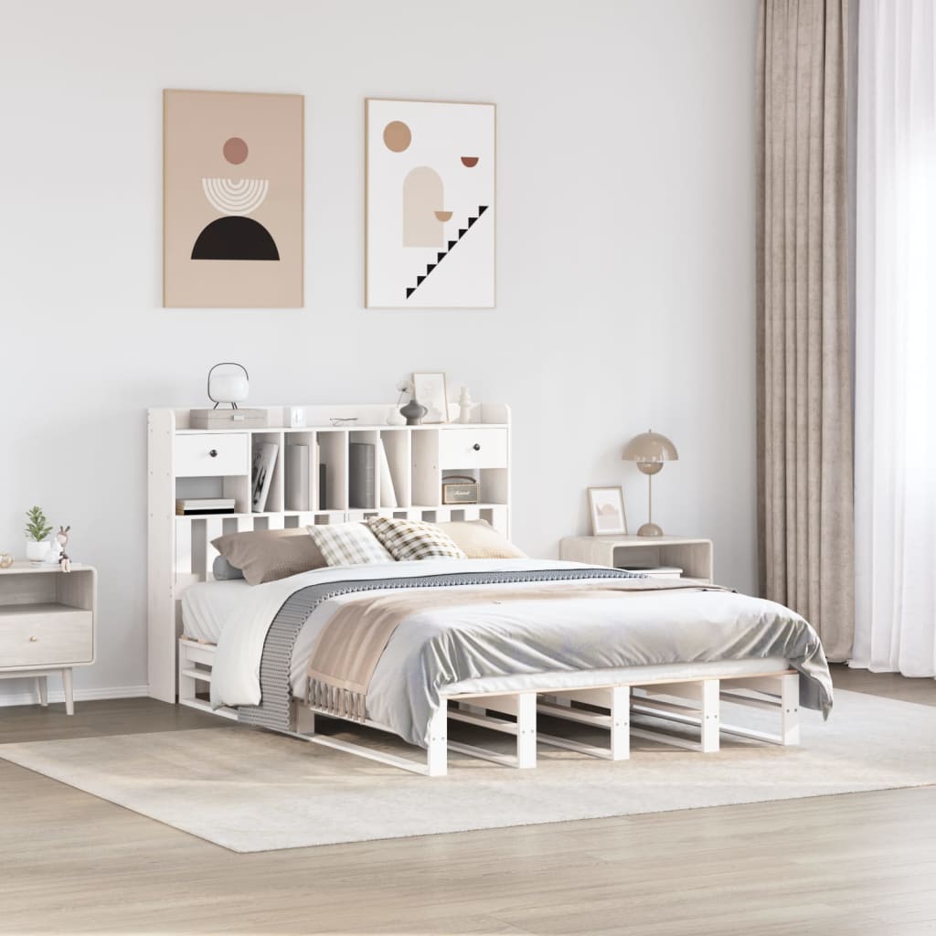 Bookcase Bed White 150x200cm King Size Solid Wood Pine