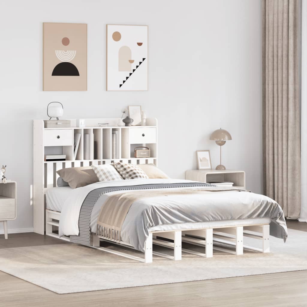 Bookcase Bed White 135x190cm Double Solid Wood Pine