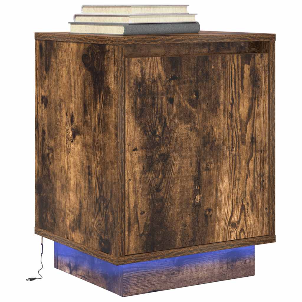 Bedside Cabinet with LED Lights Smoked Oak 38x34x50 cm