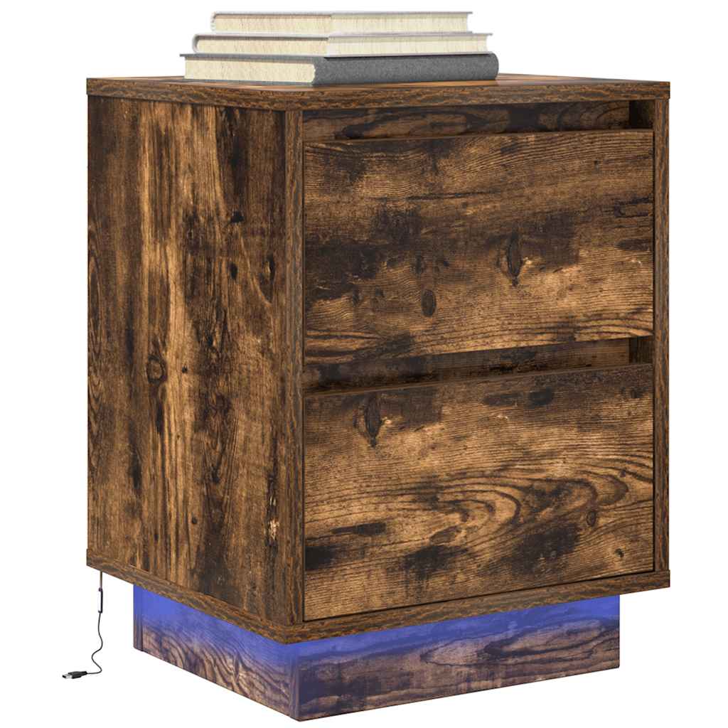 Bedside Cabinet with LED Lights Smoked Oak 38x34x50 cm