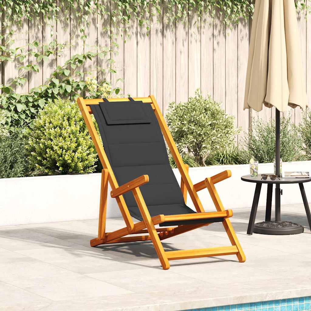 ELASH Folding Beach Chair with Armrests Acacia and Textilene Wood - Black