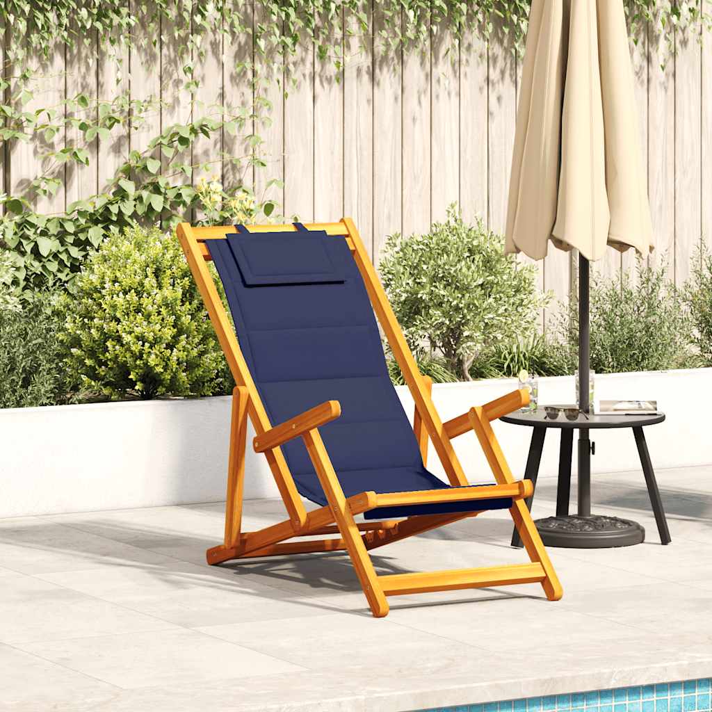 ELASH Folding Beach Chair with Armrests Acacia and Textilene Wood - Blue