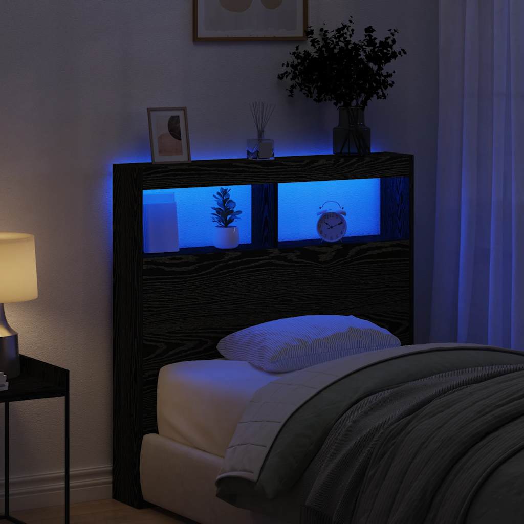 Headboard Cabinet with LED Black Oak 100x17x102 cm