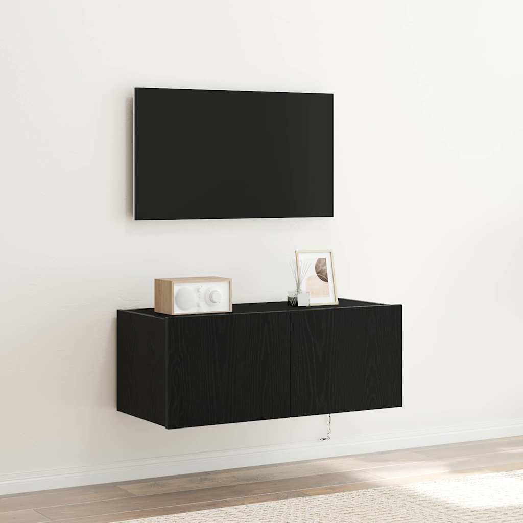 TV Wall Cabinet with LED Lights Black Oak 80x35x31 cm