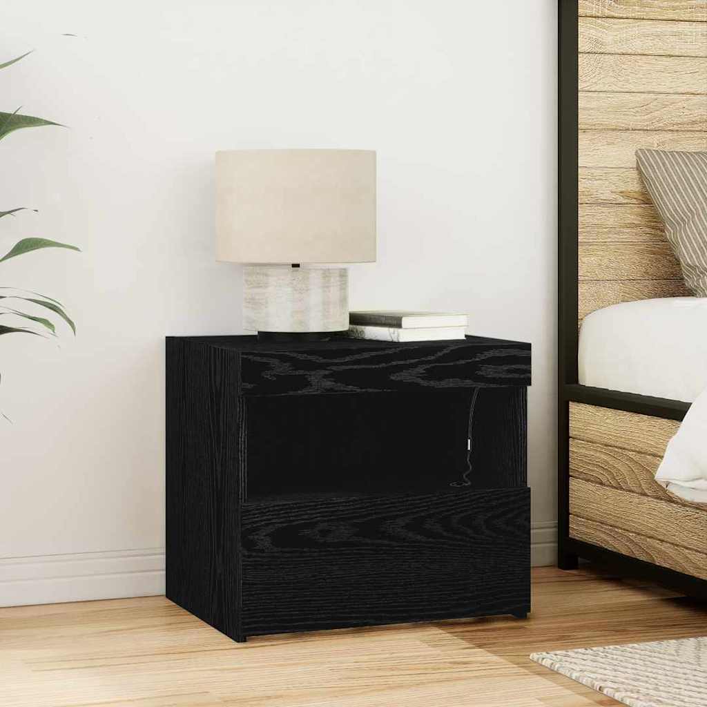 Bedside Cabinet with LED Lights Black Oak 50x40x45 cm