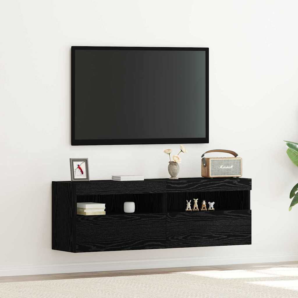 TV Wall Cabinets with LED Lights 2 pcs Black Oak 60x30x40 cm
