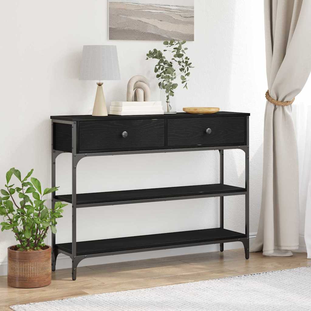 Console Table Black Oak 100x25x75 cm Engineered Wood & Steel