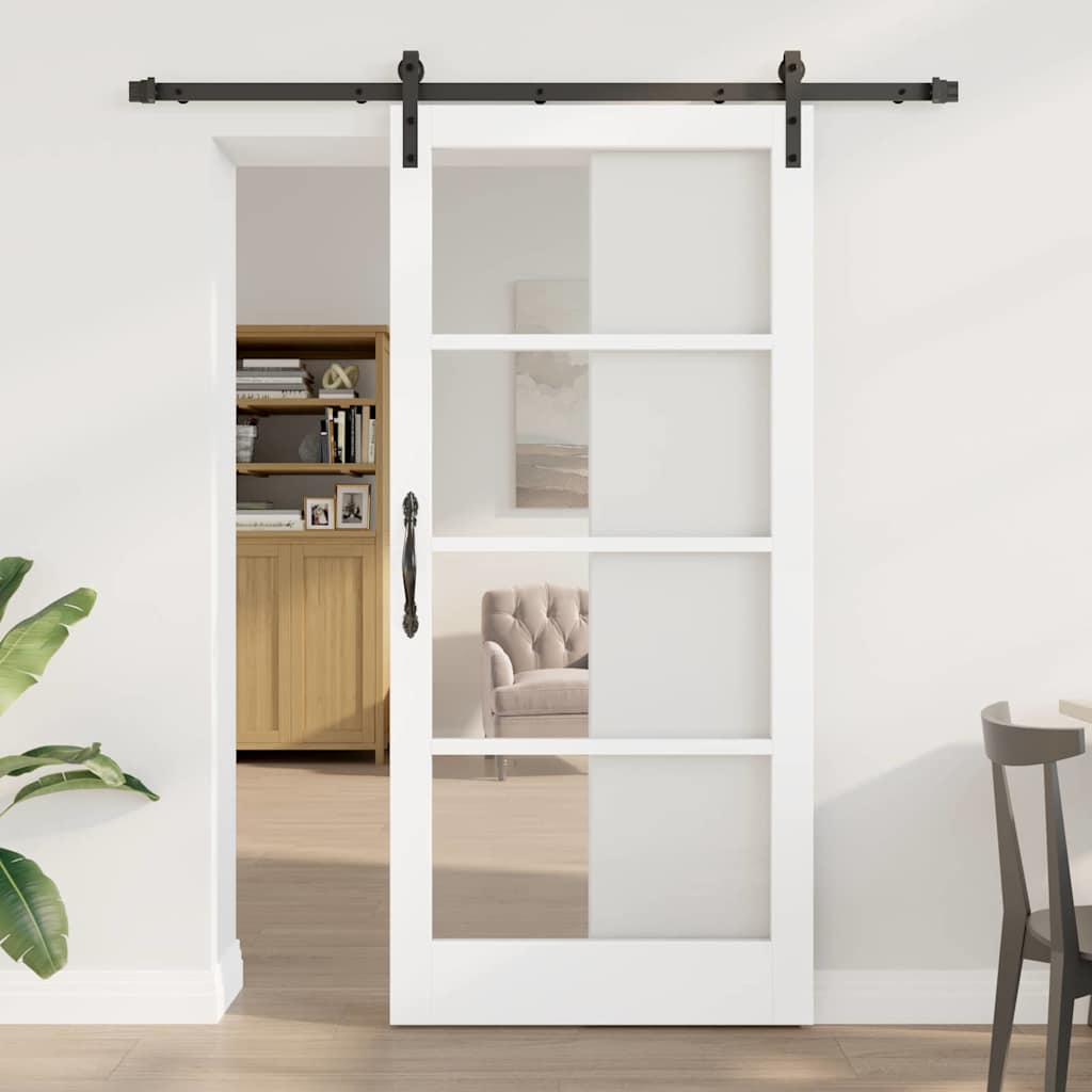 Sliding Door with Hardware Set 'ORKDAL'White Solid Wood & Glass