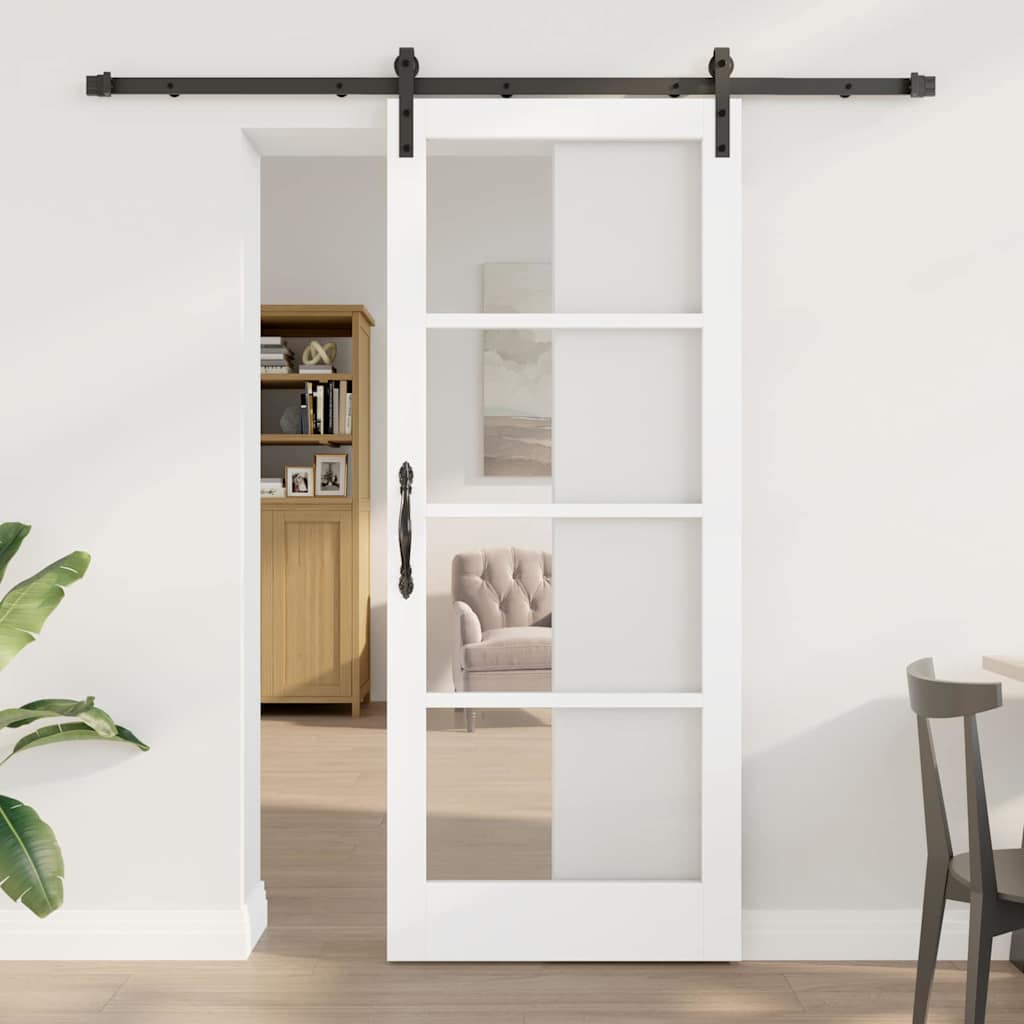 Sliding Door with Hardware Set 'ORKDAL'White Solid Wood & Glass