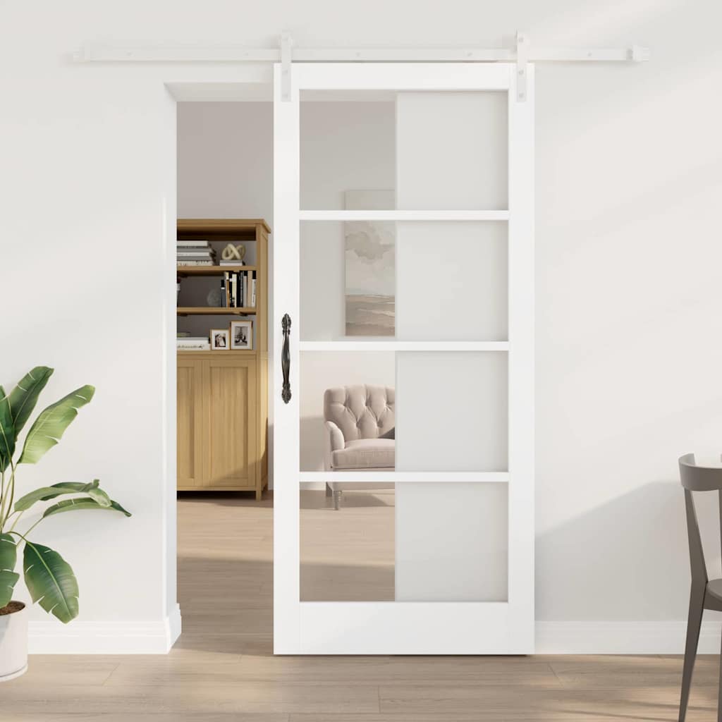 Sliding Door with Hardware Set "ORKDAL" White Solid Wood & Glass