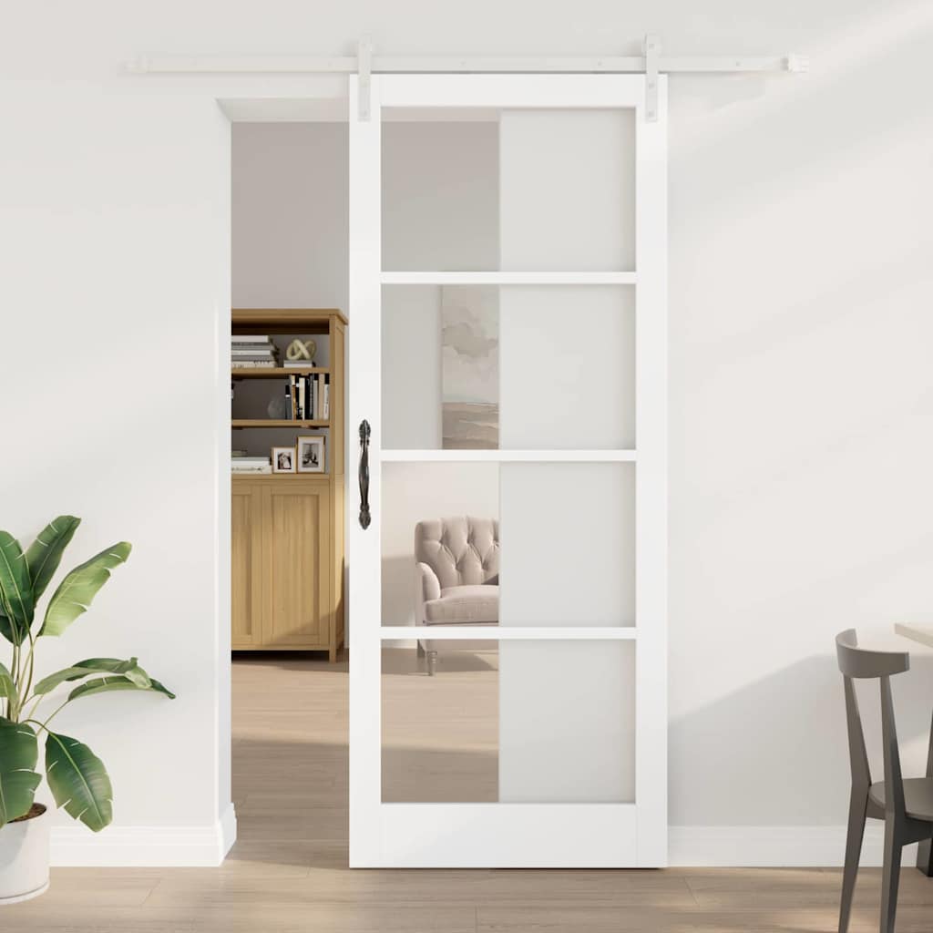 Sliding Door with Hardware Set "ORKDAL" White Solid Wood & Glass