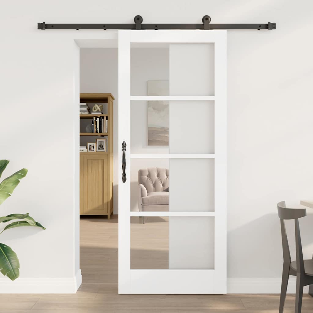 Sliding Door with Hardware Set 'ORKDAL'White Solid Wood & Glass