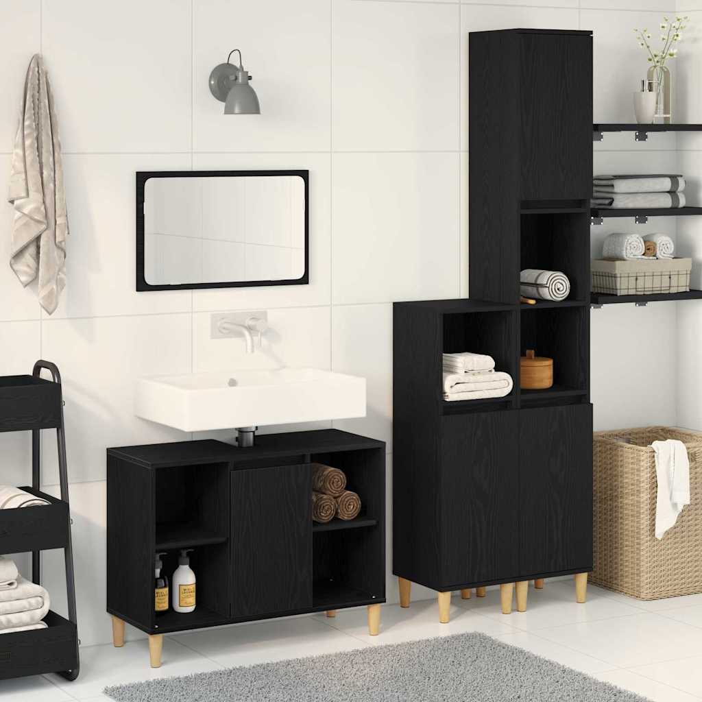 3 Piece Bathroom Furniture Set Black Oak Engineered Wood