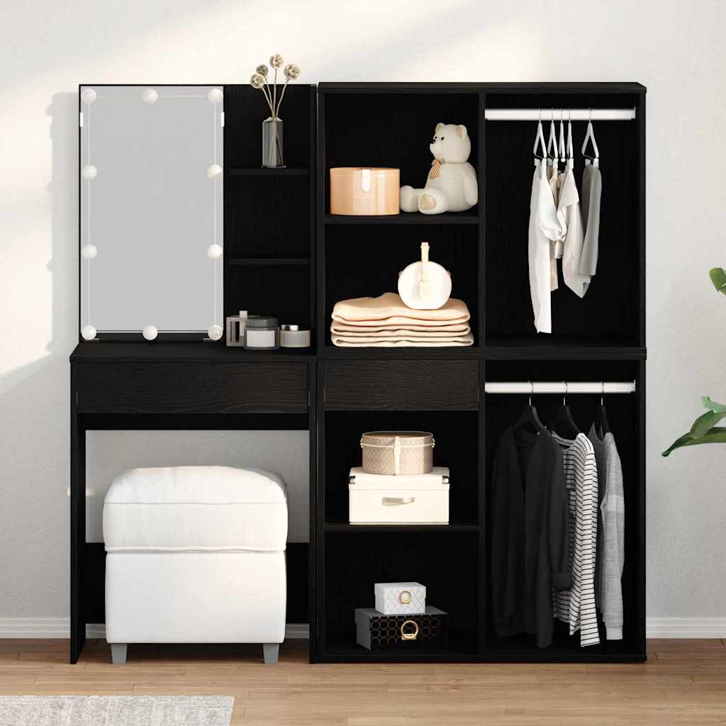 LED Dressing Table with 2 Cabinets Black Oak Engineered Wood