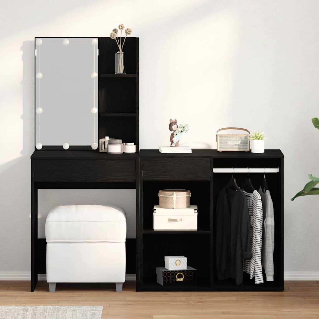 Dressing Table with LED & Cabinet Black Oak Engineered Wood