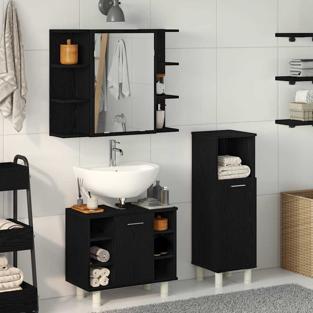 3 Piece Bathroom Furniture Set Black Oak Engineered Wood