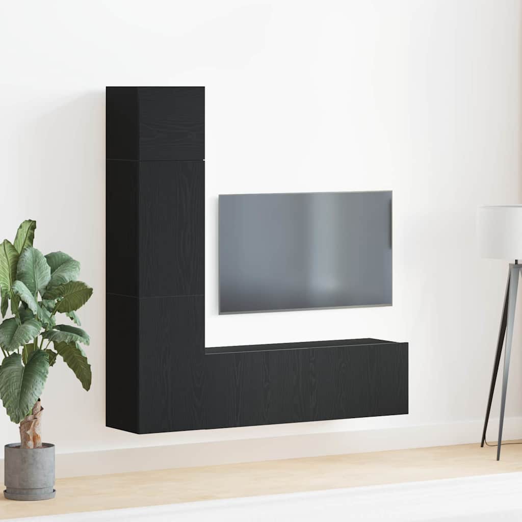 3 Piece Wall-Mounted TV Unit Set in Black Oak