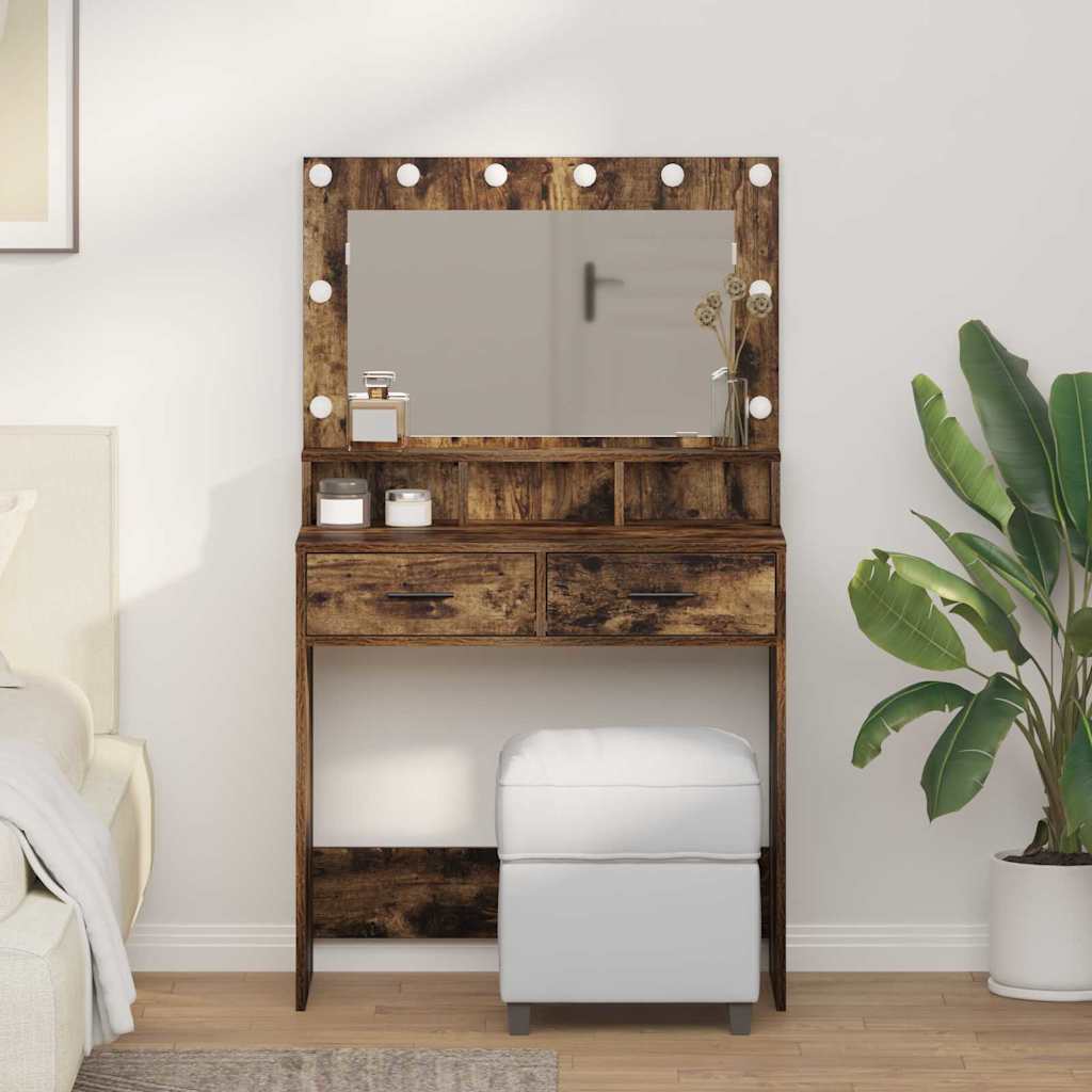 Makeup Table with LED Lights - Smoked Oak 79x41x135 cm