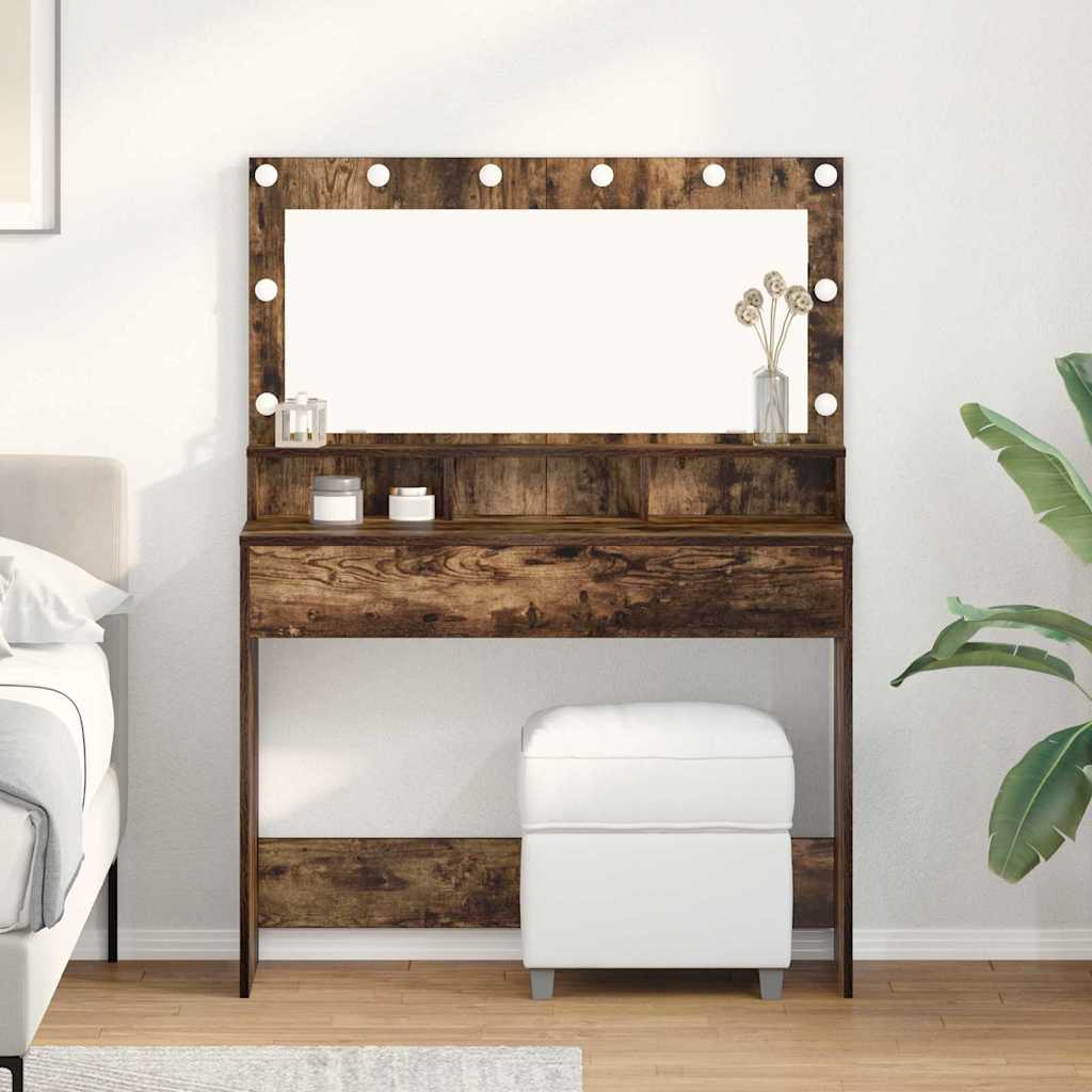 Makeup Table with LED Lights in Smoked Oak - 100x41x135 cm