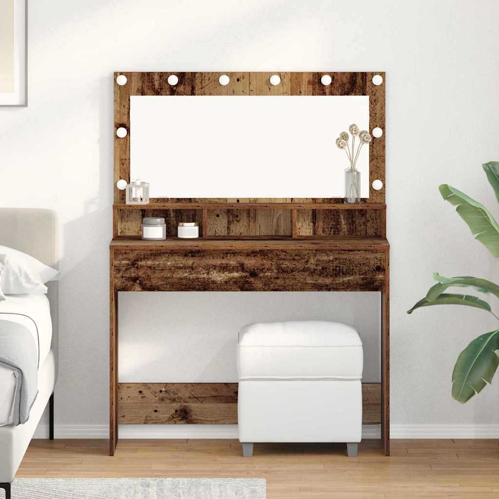 Dressing Table with LED Lights - Vintage Wood - 100x41x135 cm
