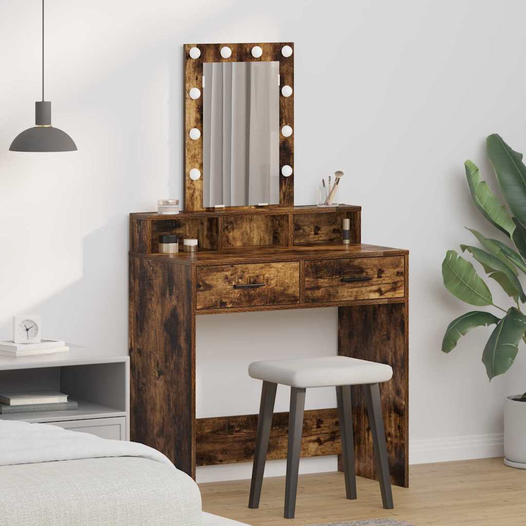 Makeup Table with LED Lights in Smoked Oak - 79x41x140 cm