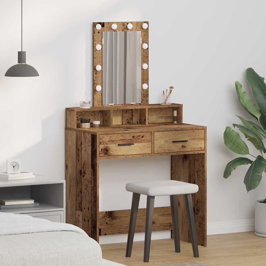 Dressing Table with LED Lights - Vintage Wood Style, 79x41x140 cm