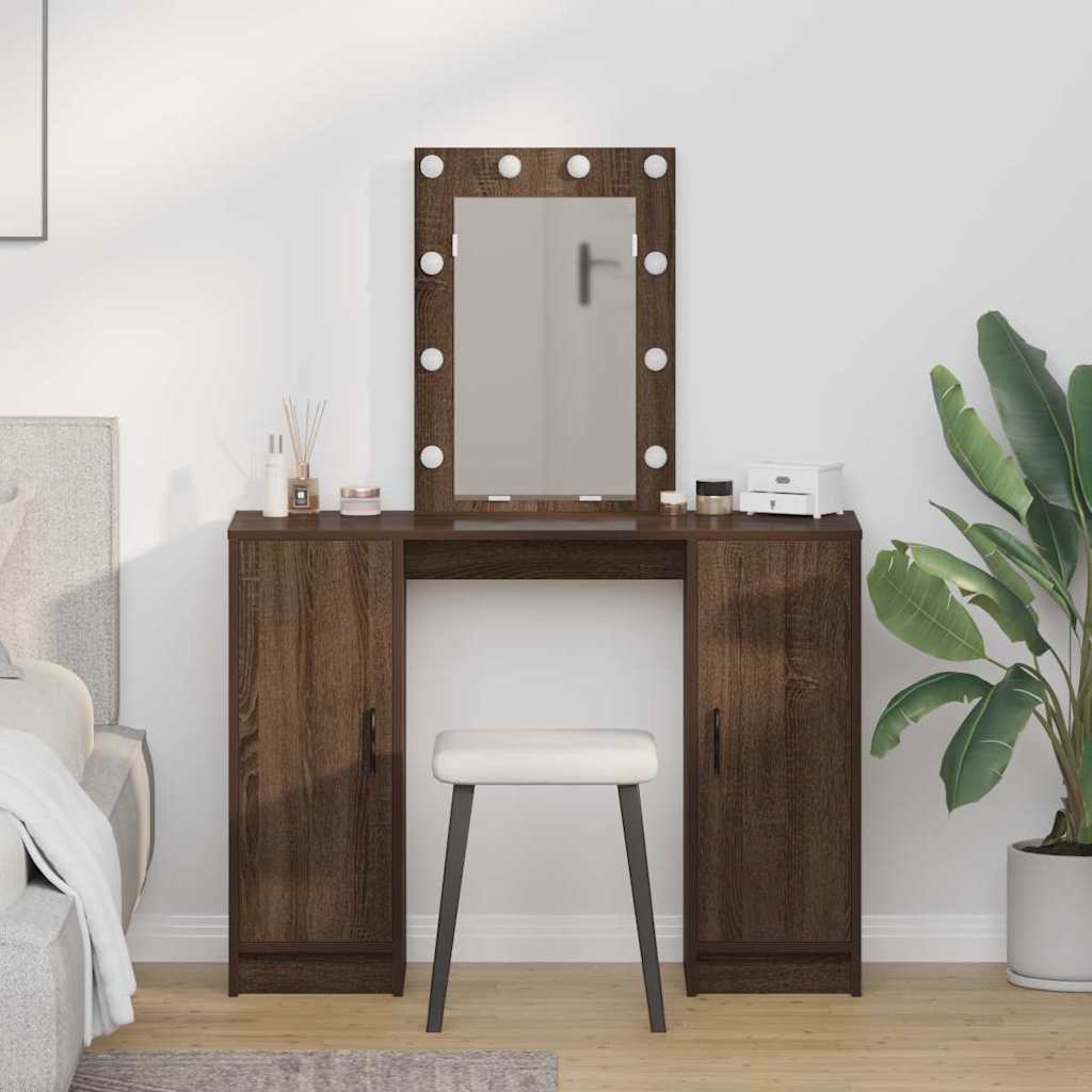 Dressing Table with LED Lights Brown Oak 102x33x135 cm