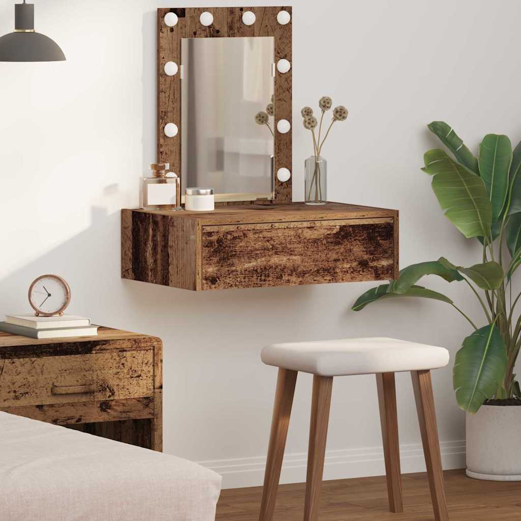 Wall Hanging Dressing Table with LED Lights Old Wood