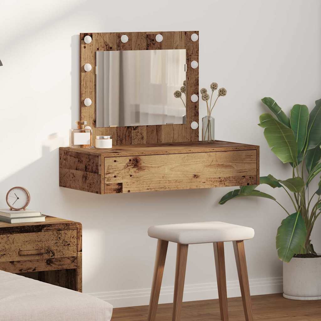 Wall Hanging Dressing Table with LED Lights Old Wood